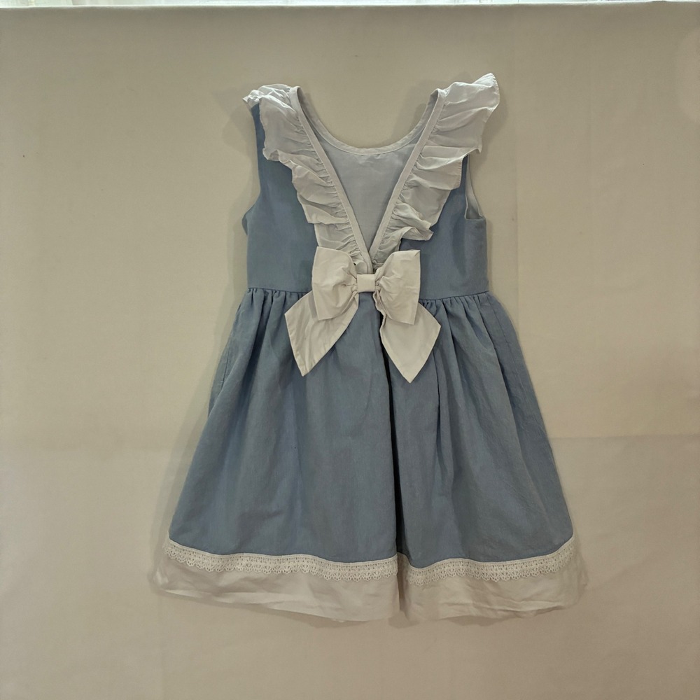 Catherine Malandrino Ruffle Bow Dress Kids Size 8 Blue White Cottagecore Lace